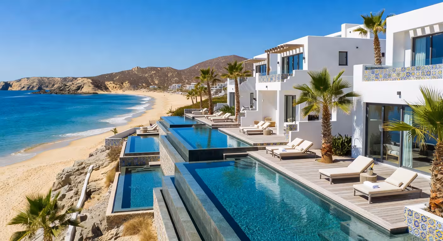 Vista aérea de Garza Blanca Resort & Spa Los Cabos con piscinas infinity y vistas al océano Pacífico