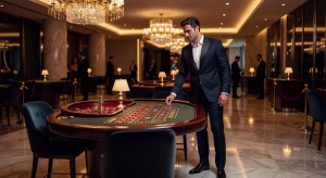 Hombre jugando a la ruleta en un casino de lujo con iluminación dorada y ambiente sofisticado