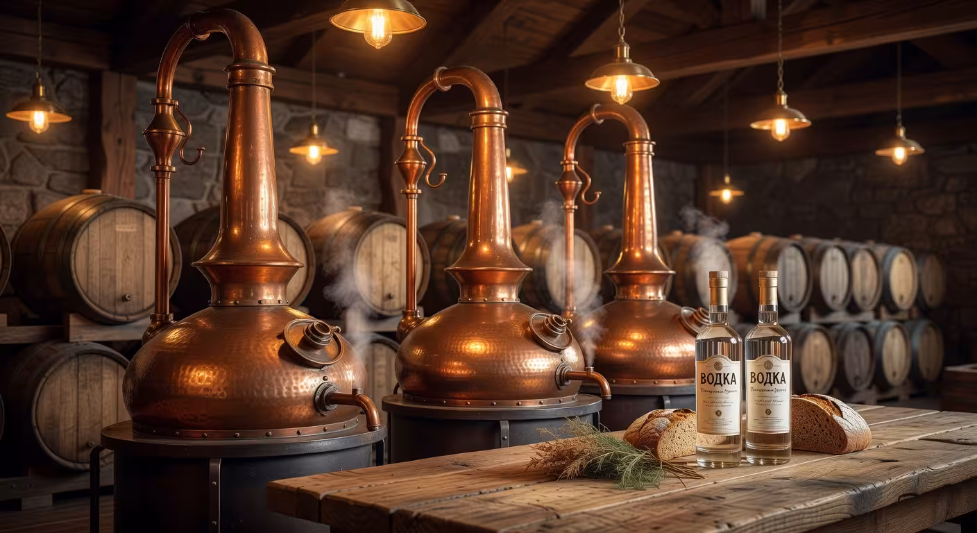Alambiques de cobre tradicionales utilizados para destilar polugar vodka artesanal según métodos del siglo XVIII