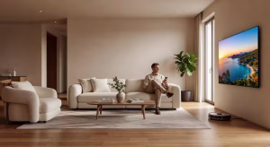 Guía definitiva de regalos para el hogar: 12 ideas premium que transformarán cualquier espacio Salón moderno de lujo con tecnología inteligente para el hogar y televisor Samsung OLED premium