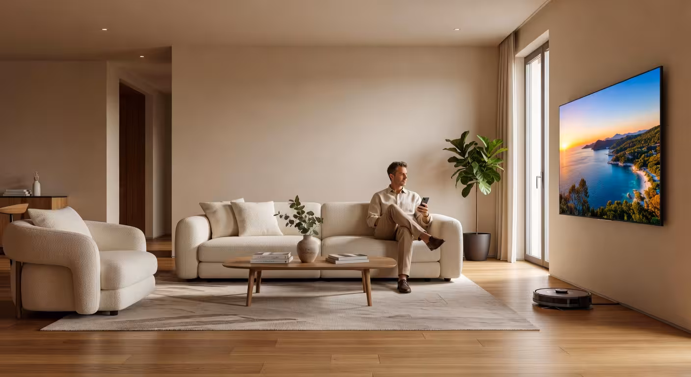 Salón moderno de lujo con tecnología inteligente para el hogar y televisor Samsung OLED premium