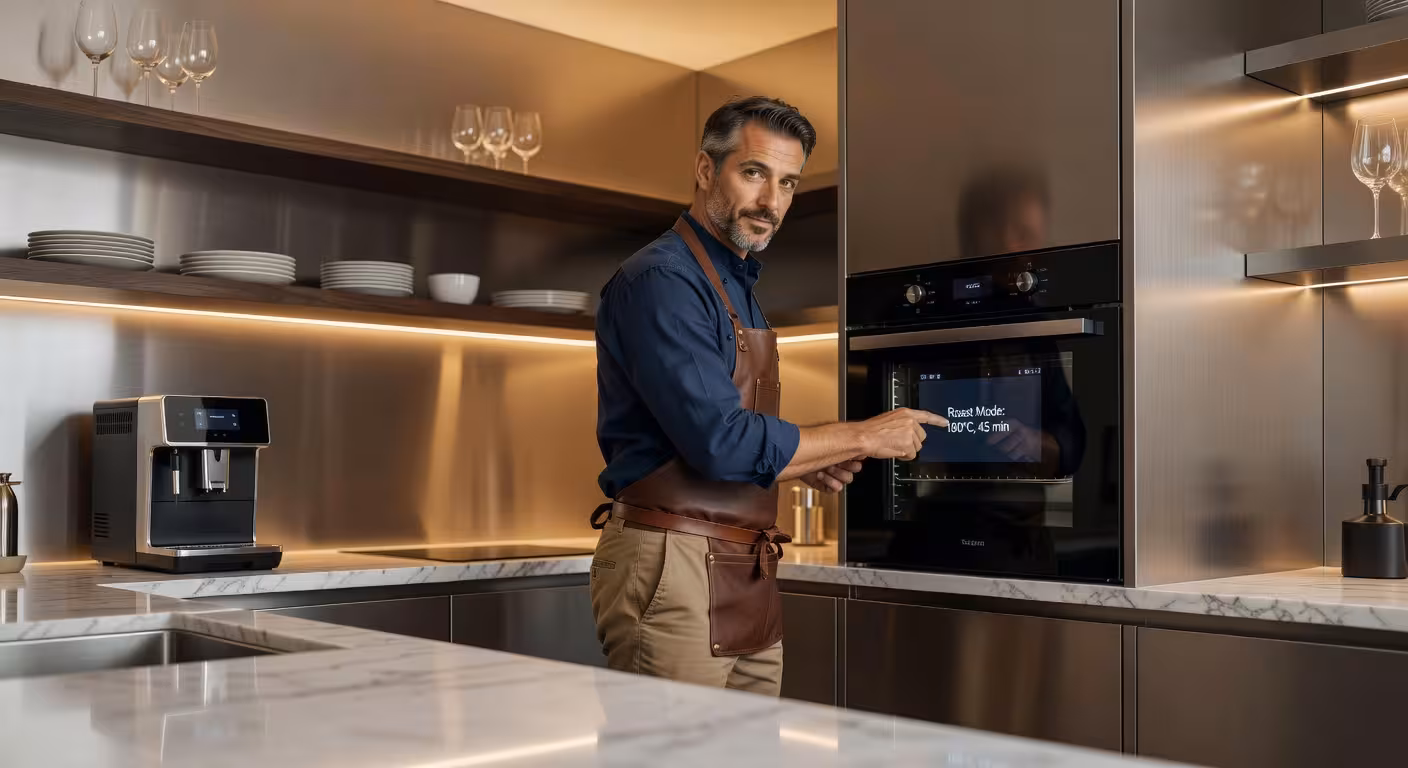 Cocina moderna de lujo con electrodomésticos inteligentes premium y chef usando horno táctil