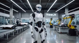 Tesla Optimus: el robot humanoide que quiere revolucionar la industria Robot humanoide Tesla Optimus Gen 3 en una fábrica moderna mostrando sus manos avanzadas de 22 grados de libertad