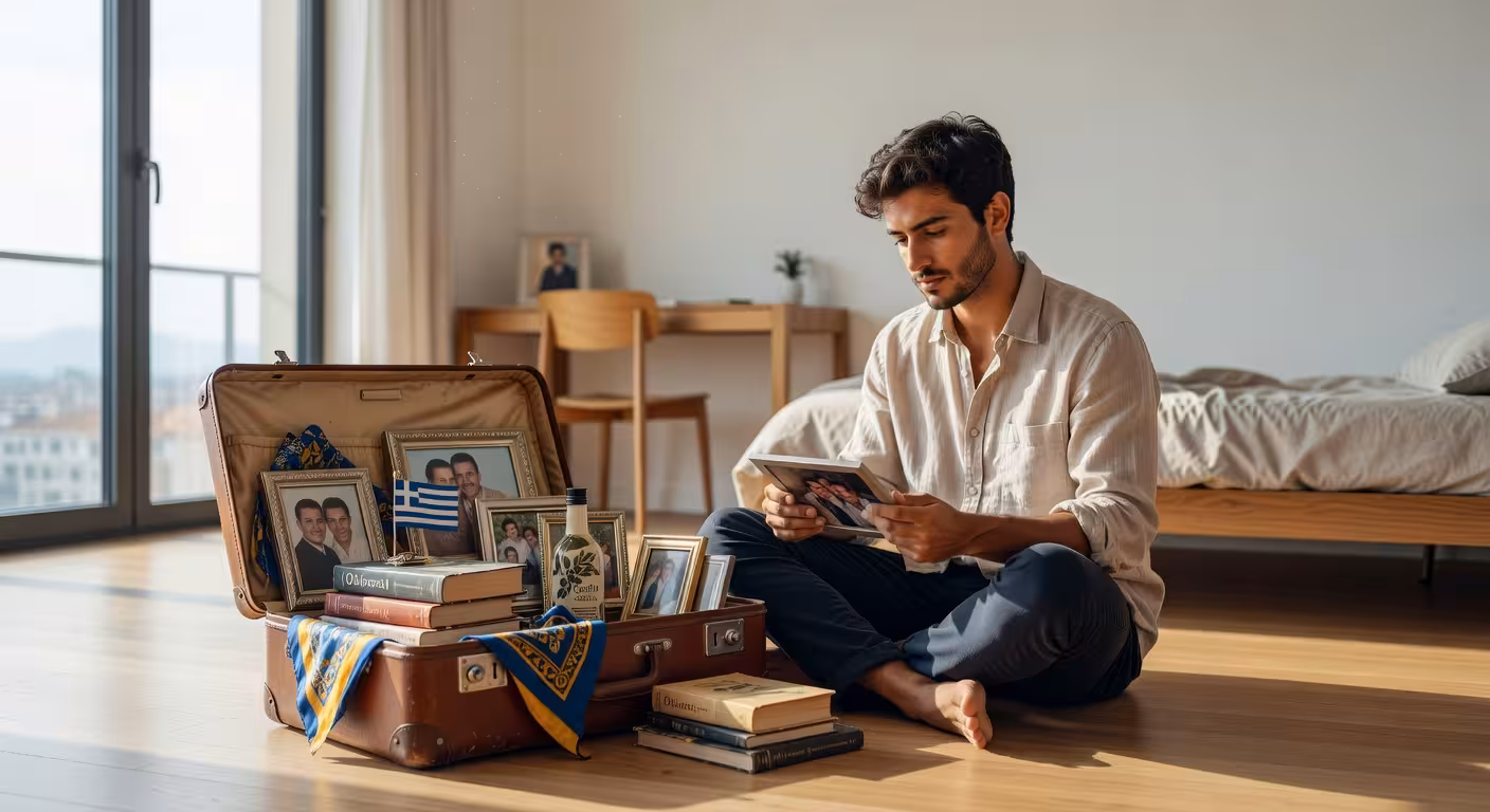 Estudiante internacional organizando sus pertenencias personales en su nuevo apartamento en el extranjero