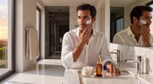 Hombre aplicando crema hidratante facial en rutina de grooming masculino matutina