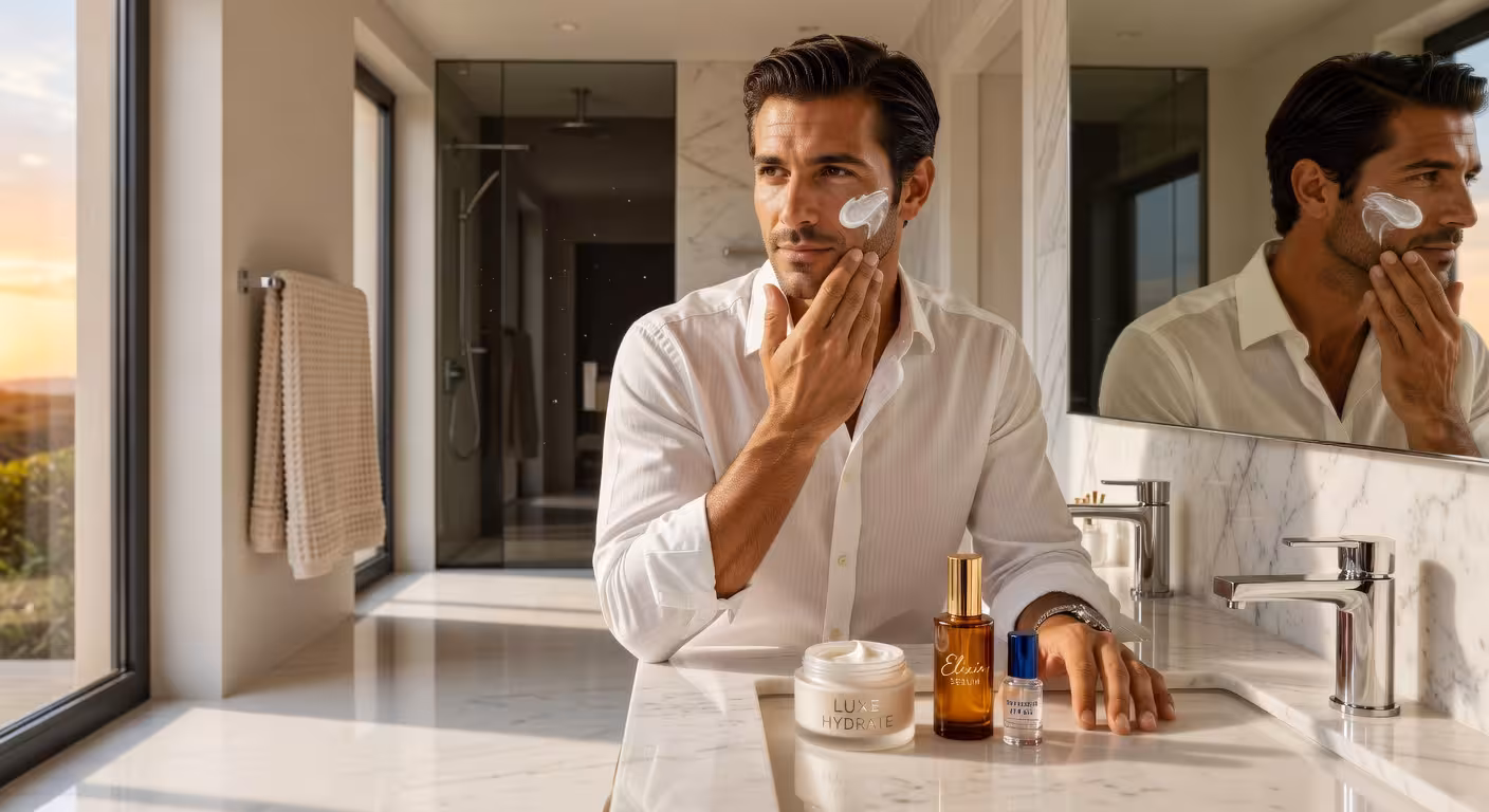 Hombre aplicando crema hidratante facial en rutina de grooming masculino matutina