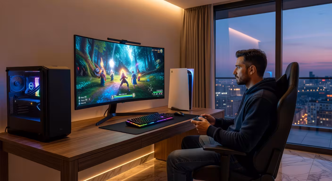 Setup gaming de alta gama con monitor OLED, teclado mecánico RGB y PlayStation 5 Pro en escritorio minimalista
