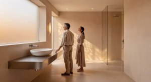 Baño de lujo con microcemento beige sin juntas, pareja admirando el acabado continuo