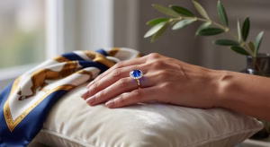 Angara: análisis completo de sus anillos de compromiso (¿merece la pena?) Mujer luciendo anillo de compromiso Angara con zafiro de color en oro