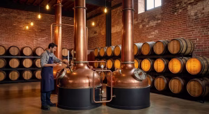 Interior de destilería de whisky inglés con alambiques de cobre y barricas de roble