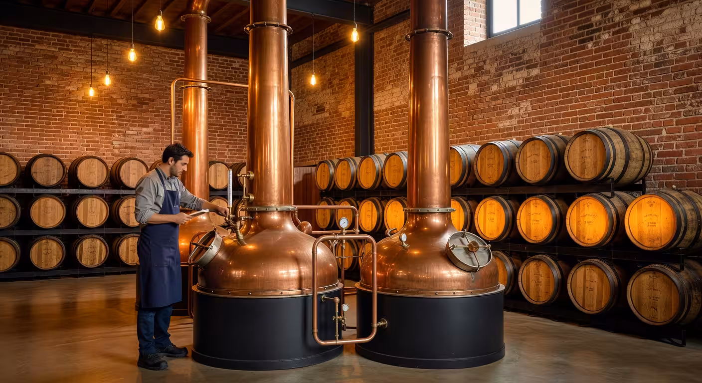 Los mejores whiskies ingleses que debes probar Interior de destilería de whisky inglés con alambiques de cobre y barricas de roble