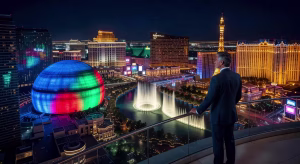7 cosas que no sabías sobre Las Vegas Vista nocturna aérea del Strip de Las Vegas con el Sphere iluminado y hoteles de lujo