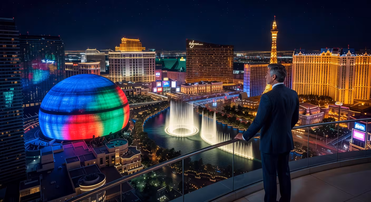 7 cosas que no sabías sobre Las Vegas Vista nocturna aérea del Strip de Las Vegas con el Sphere iluminado y hoteles de lujo