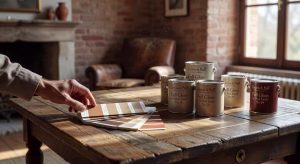 Muestras de pintura premium y botes de colores tierra sobre mesa de madera en ambiente de decoración de lujo