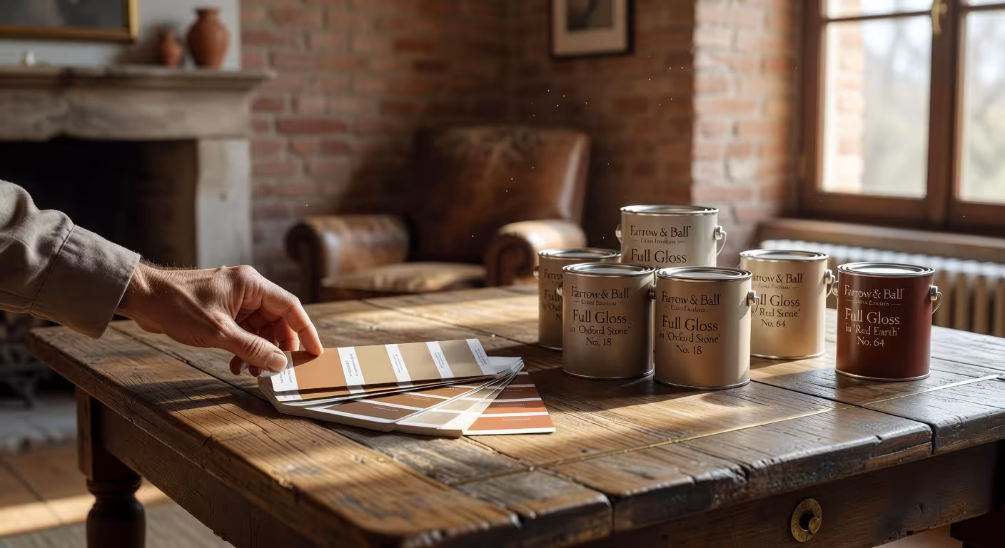 Muestras de pintura premium y botes de colores tierra sobre mesa de madera en ambiente de decoración de lujo