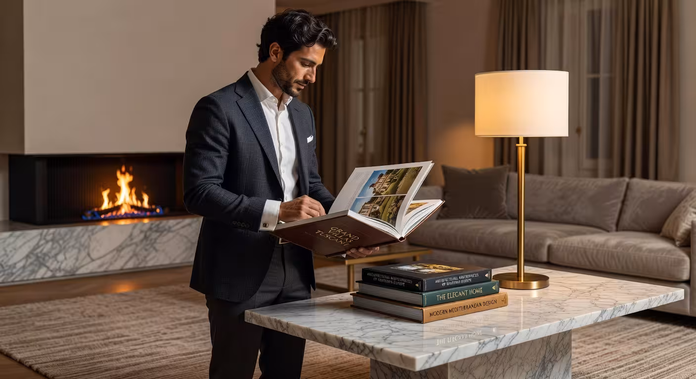 Libros de lujo sobre mesa de café en salón moderno elegante