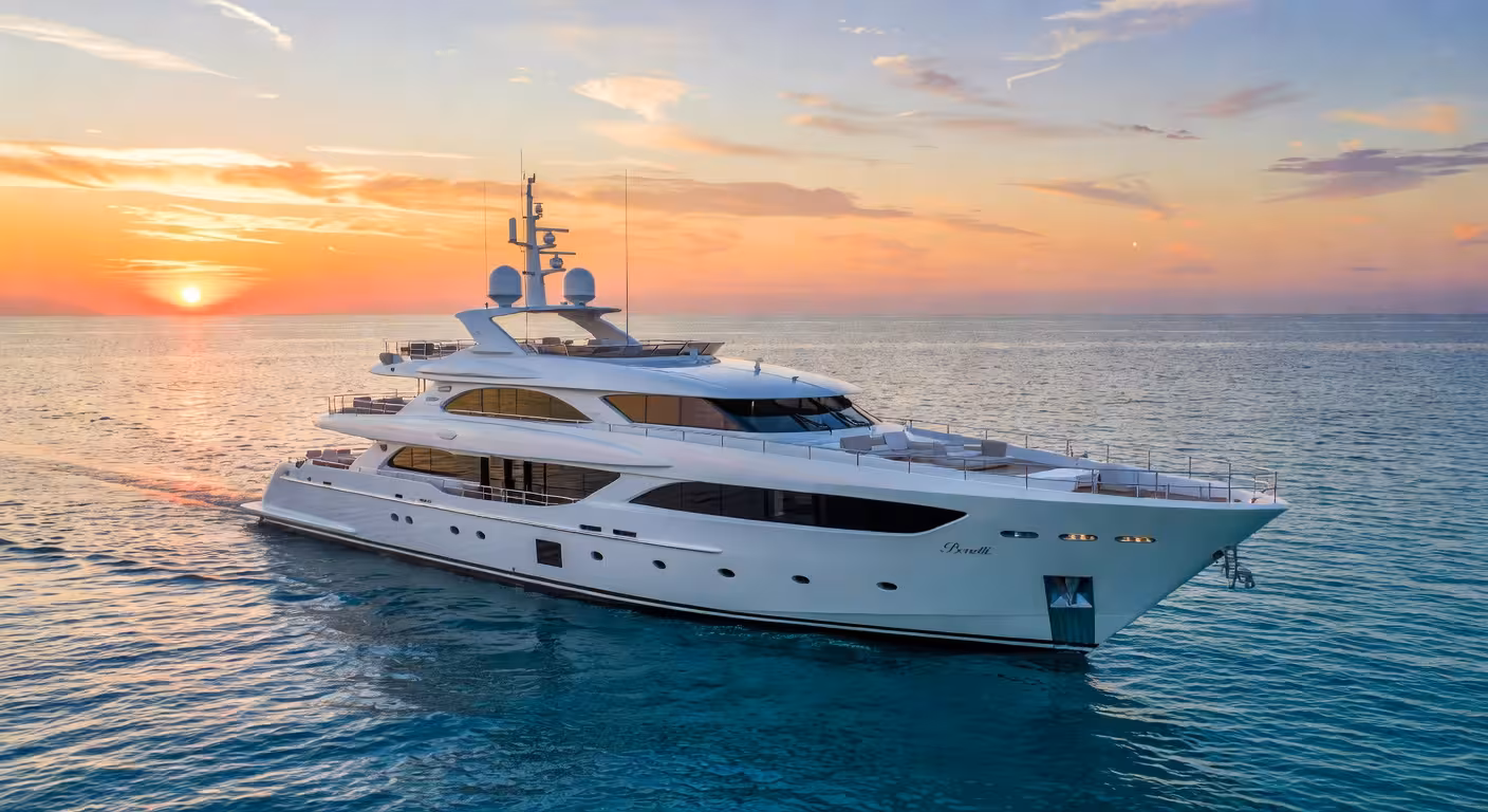 Benetti B.Yond 37M navegando en aguas del Mediterráneo al atardecer, mostrando su distintivo perfil de cuatro cubiertas y casco de acero blanco
