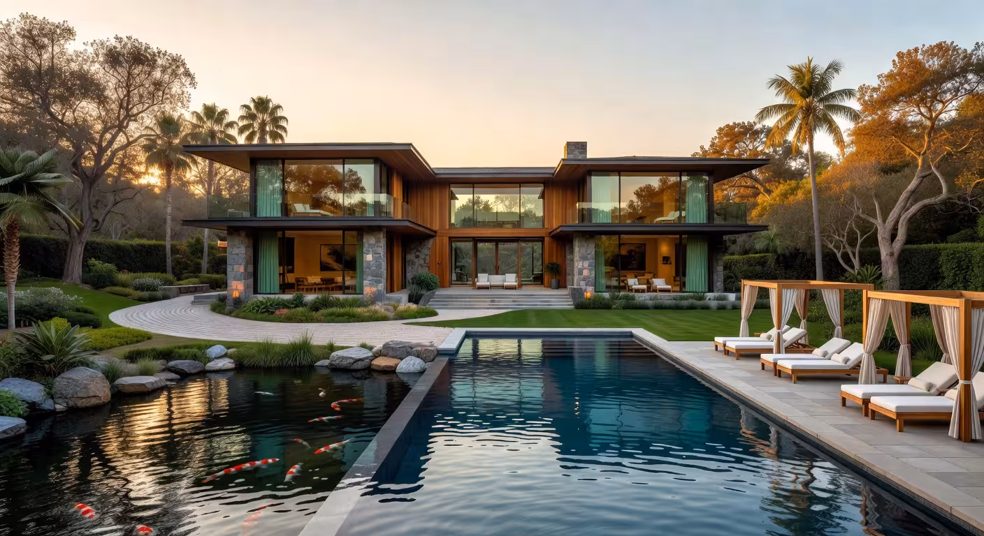 Mansión contemporánea de lujo en Pacific Palisades con diseño zen, piscina estilo resort y jardines exuberantes