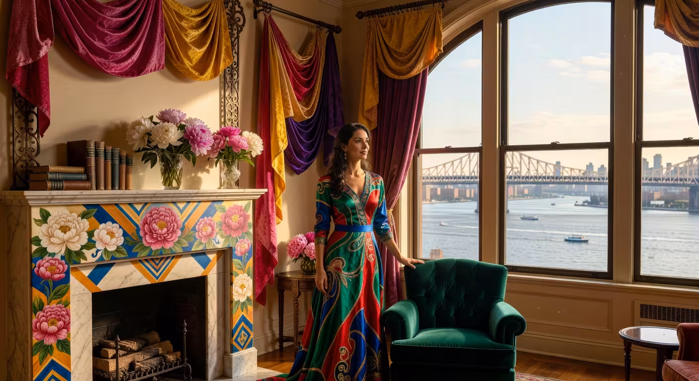 Interior del apartamento de estilo maximalista en Beekman Place, Manhattan, con decoración artística y vistas al East River