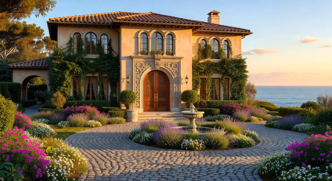 Mansión de estilo italiano en Pacific Palisades con exteriores cubiertos de hiedra y vistas al océano