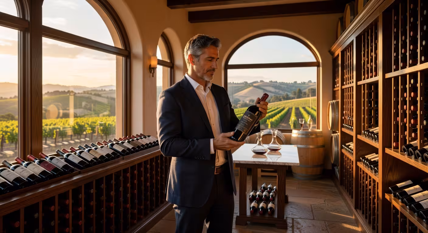 Bodega de vinos premium con botellas de Cabernet Sauvignon de California en Napa Valley