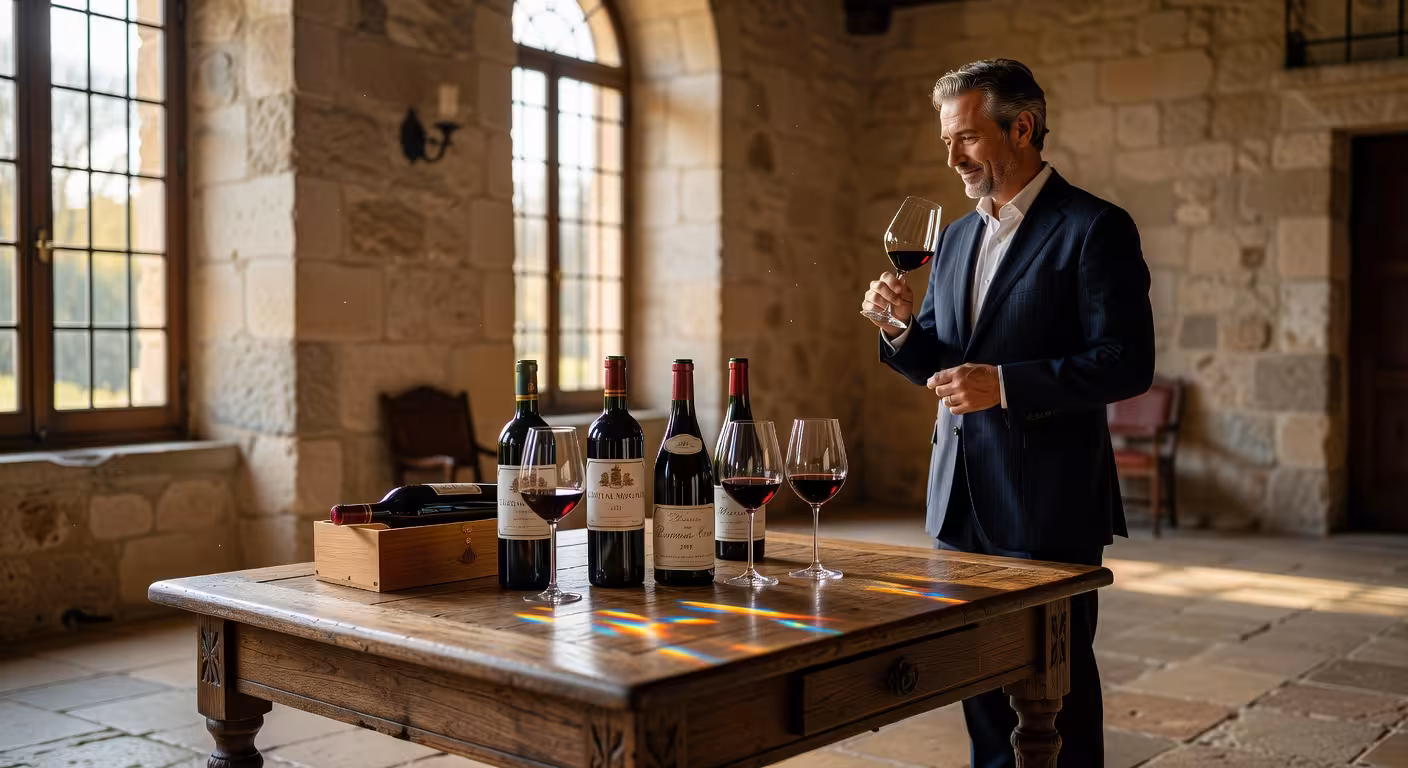 Cata de vinos franceses premium en château de lujo con botellas de Burdeos y Borgoña