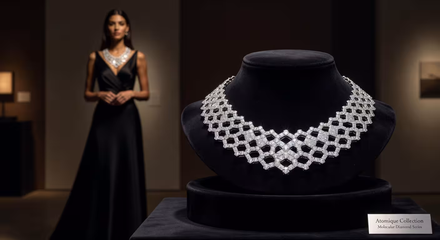 Collar de diamantes blancos de la colección Atomique de De Beers con diseño geométrico inspirado en la estructura molecular del carbono