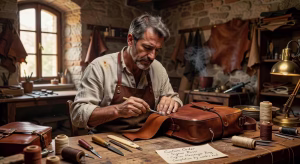 Artesano trabajando en marroquinería de lujo en taller tradicional