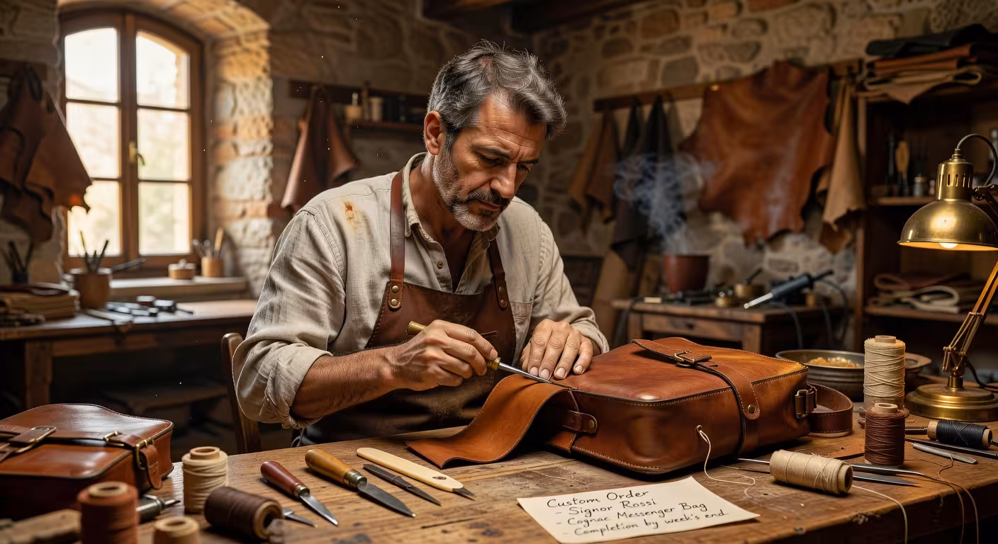 Artesano trabajando en marroquinería de lujo en taller tradicional