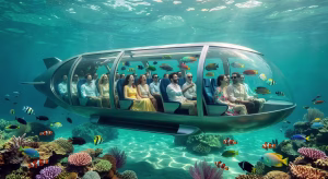 El submarino Triton DeepView 24: experiencia submarina de lujo con vistas panorámicas Interior del submarino Triton DeepView 24 con pasajeros observando arrecifes de coral a través de ventanas panorámicas de acrílico