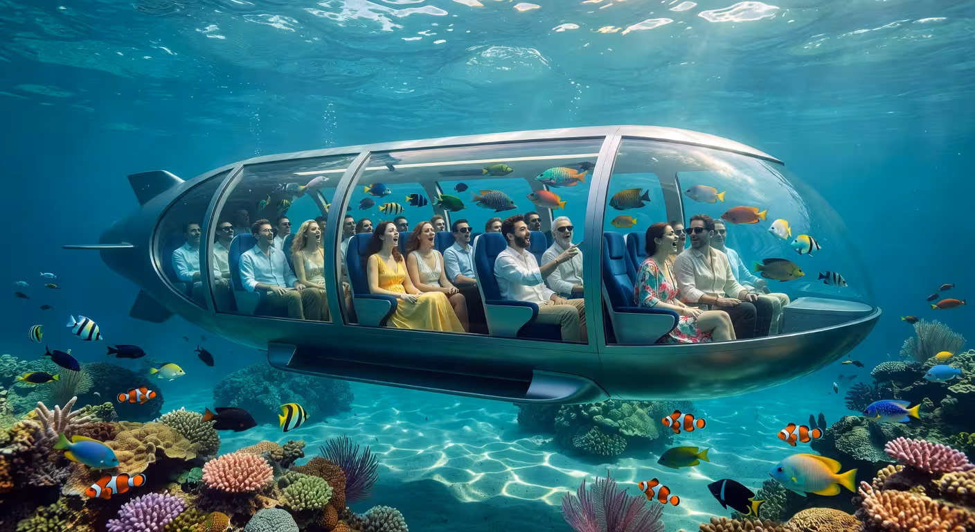 Interior del submarino Triton DeepView 24 con pasajeros observando arrecifes de coral a través de ventanas panorámicas de acrílico