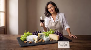 Tabla de quesos de pizarra de lujo con quesos artesanales y frutas en presentación gourmet