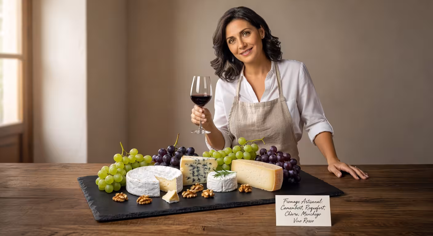 Tabla de quesos de pizarra de lujo con quesos artesanales y frutas en presentación gourmet