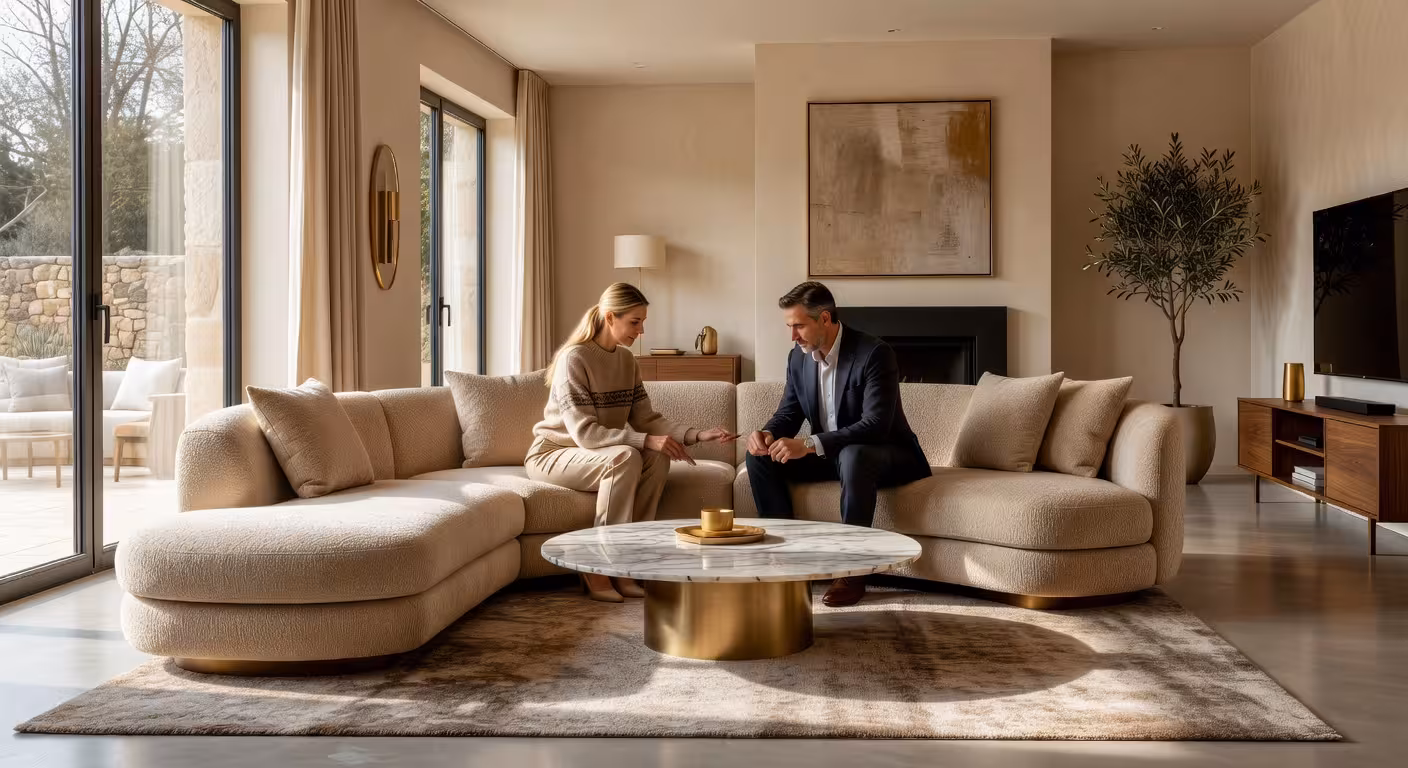 Pareja examinando muebles de alta calidad en salón de lujo con sofá bouclé beige y mesa de mármol dorado