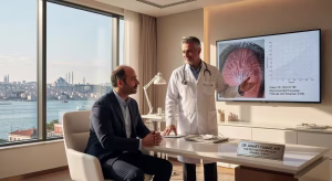 Consulta profesional de trasplante capilar en clínica de lujo en Estambul con paciente y cirujano experto