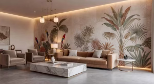 Salón de lujo con mural botánico pintado a mano y panelados texturizados en tonos tierra