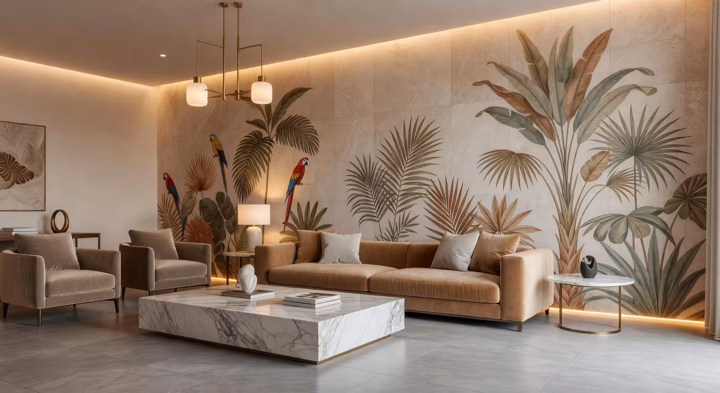 Salón de lujo con mural botánico pintado a mano y panelados texturizados en tonos tierra