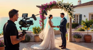 Videógrafo profesional grabando ceremonia de boda de lujo en villa mediterránea durante la hora dorada