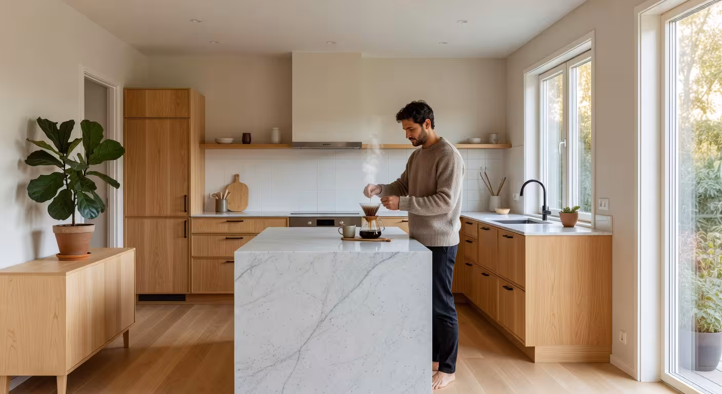 Diseño de cocinas finlandesas: la filosofía nórdica que conquista el lujo contemporáneo Cocina finlandesa moderna con diseño escandinavo minimalista, armarios de madera de abedul natural y abundante luz natural