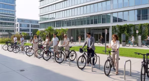 Ir en bicicleta al trabajo: 10 estrategias para fomentar la movilidad sostenible en tu empresa Aparcamiento seguro de bicicletas en oficina corporativa moderna con empleados