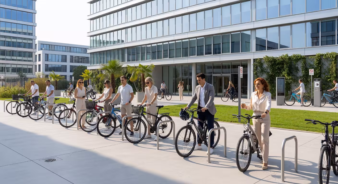 Aparcamiento seguro de bicicletas en oficina corporativa moderna con empleados