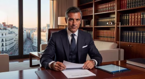 Abogado profesional revisando documentos legales en despacho moderno de Madrid