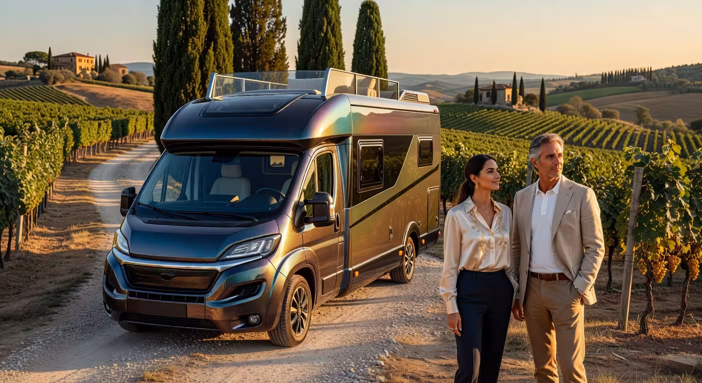 La autocaravana más lujosa y cara del mundo Autocaravana de lujo Marchi Mobile eleMMent Palazzo Superior en viñedo de la Toscana con terraza Sky Lounge
