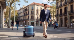 Robot Gita de Piaggio Fast Forward siguiendo a un hombre por las calles de Barcelona