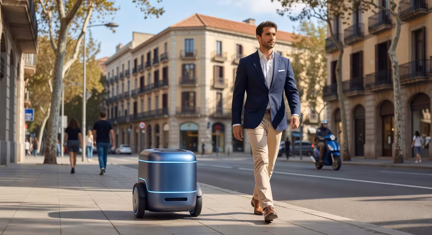 Gita: el robot autónomo que transporta tu carga mientras caminas Robot Gita de Piaggio Fast Forward siguiendo a un hombre por las calles de Barcelona