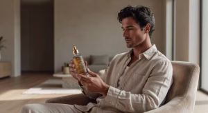 Hombre examinando aceite de CBD premium en espacio wellness de lujo