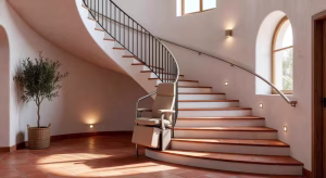 Sillas salvaescaleras: 7 ventajas que transforman tu hogar Silla salvaescaleras curva instalada en una elegante vivienda española de estilo mediterráneo con diseño discreto y moderno
