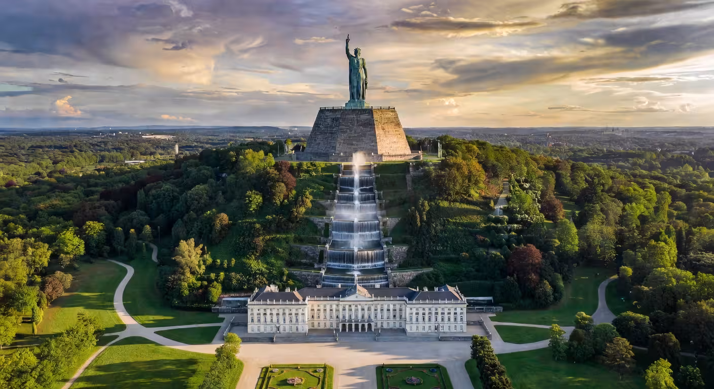 Vista aérea del Bergpark Wilhelmshöhe en Kassel con el monumento de Hércules y las cascadas barrocas, Patrimonio de la Humanidad UNESCO