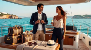 Cómo prepararse para un viaje en barco: guía completa con 8 consejos esenciales Pareja preparando equipaje en cubierta de yate de lujo en el Mediterráneo