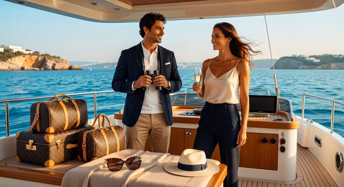 Cómo prepararse para un viaje en barco: guía completa con 8 consejos esenciales Pareja preparando equipaje en cubierta de yate de lujo en el Mediterráneo